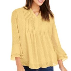 Charter Club Yellow Swiss Dot Pintucked Lined Long Sleeve Blouse Size Small